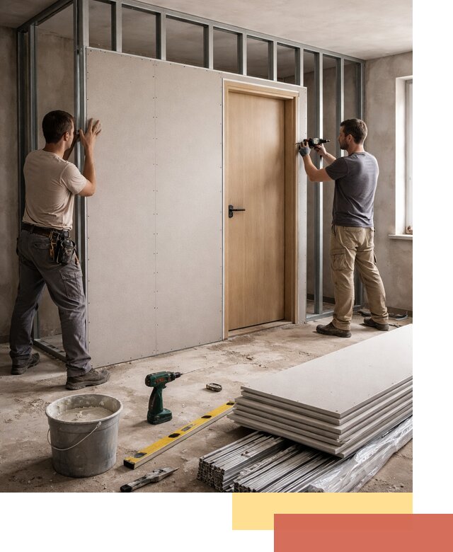 Перегородка из гипсокартона с дверью под ключ в Щекино