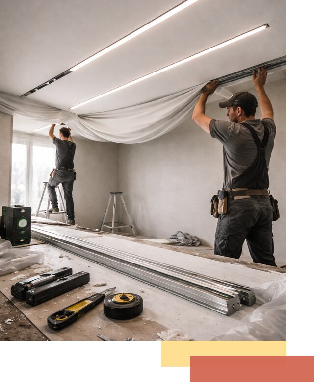 Монтаж натяжных потолков со световыми линиями в Щекино