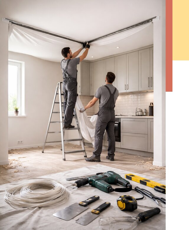 Установка натяжного потолка на кухне в Щекино от 2470 руб. | ОТДЕЛОЧНИК-Екн