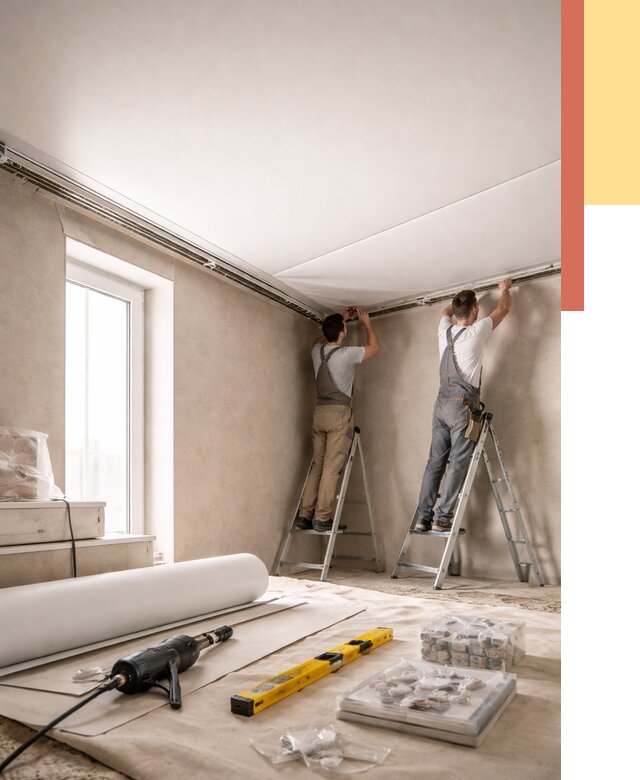 Монтаж натяжного потолка в спальне в Щекино от 3911 руб. под ключ | ОТДЕЛОЧНИК-Екн