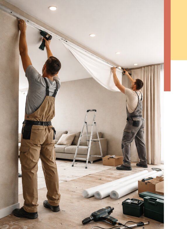 Монтаж натяжного потолка в гостиной в Щекино от 566 руб. | ОТДЕЛОЧНИК-Екн