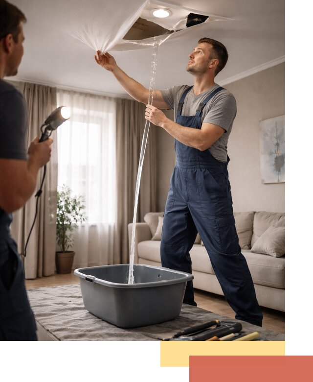 Слив воды с натяжного потолка в Щекино быстро и аккуратно